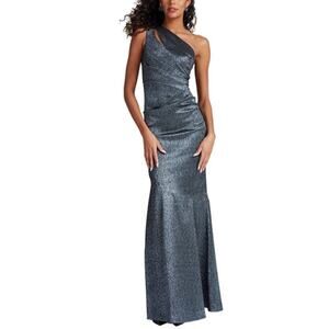 Teri Jon by Rickie Freeman One Shoulder Cut Out Grey Metallic Gown  SZ12 NWT
